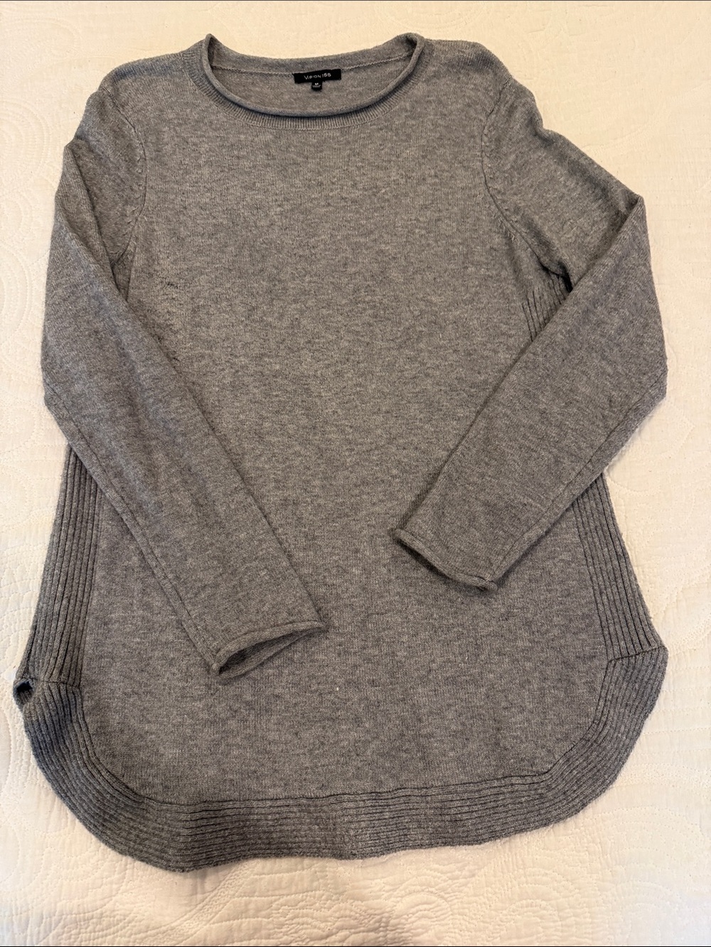 Vision  Gray Ribbed-Side Crewneck Sweater